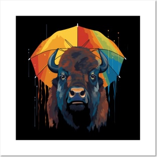 Bison Rainy Day With Umbrella Posters and Art